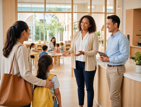 Brighter Launchpad staff welcoming a family at the front desk